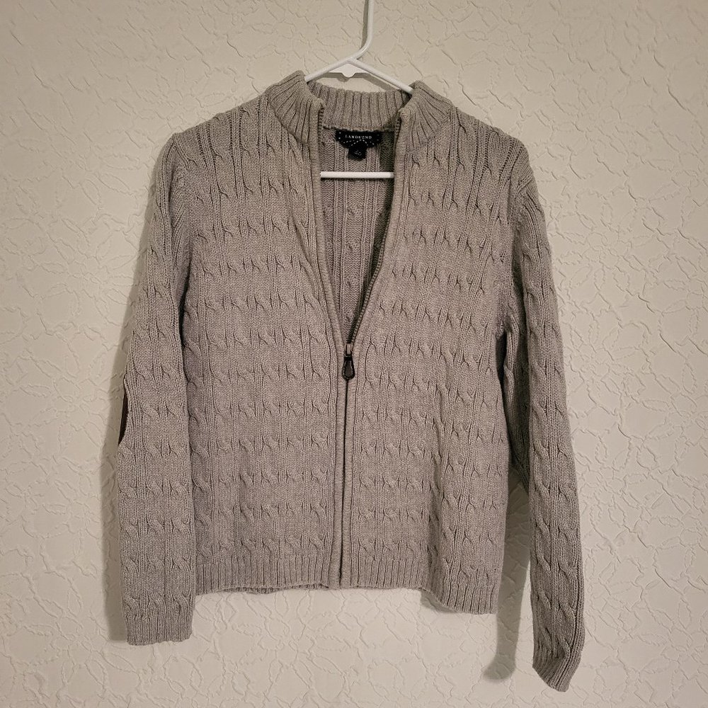 Lands End Women's Size L Front Zip Grey Cardigan Sweater